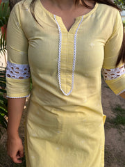 Lemon Chikan Lace Kurta - MYSANSKRITAM