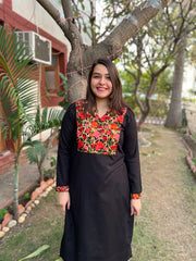 Black woollen embroidered Yoke kurta