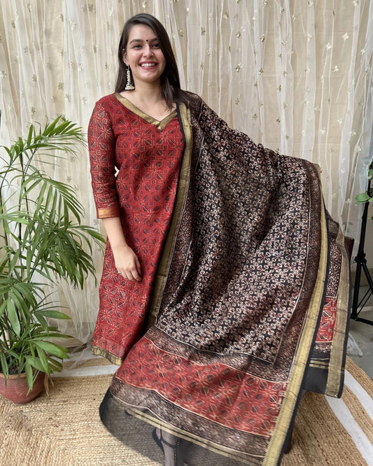 Premium Maheshwari Silk Maroon Ajrakh Suit Set