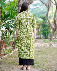 Parrot green bagru kurta with pocket