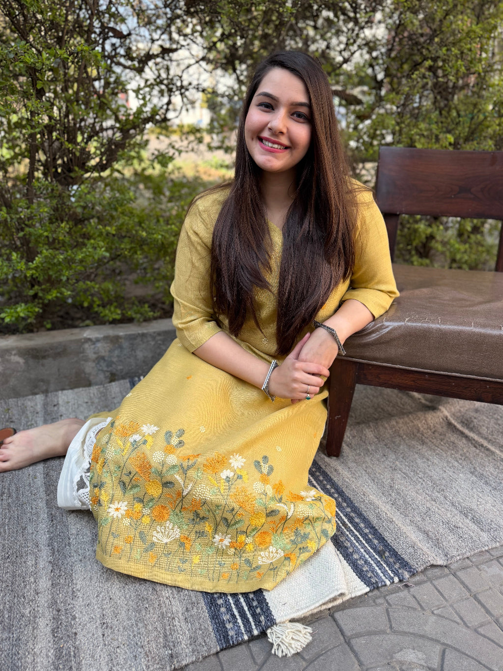 Lemon embroidered Linen Kurta by MySanskritam