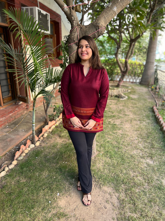 Maroon Kullu border woollen short kurti - MYSANSKRITAM