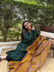 Green A-line chudi sleeve kurta duppata set