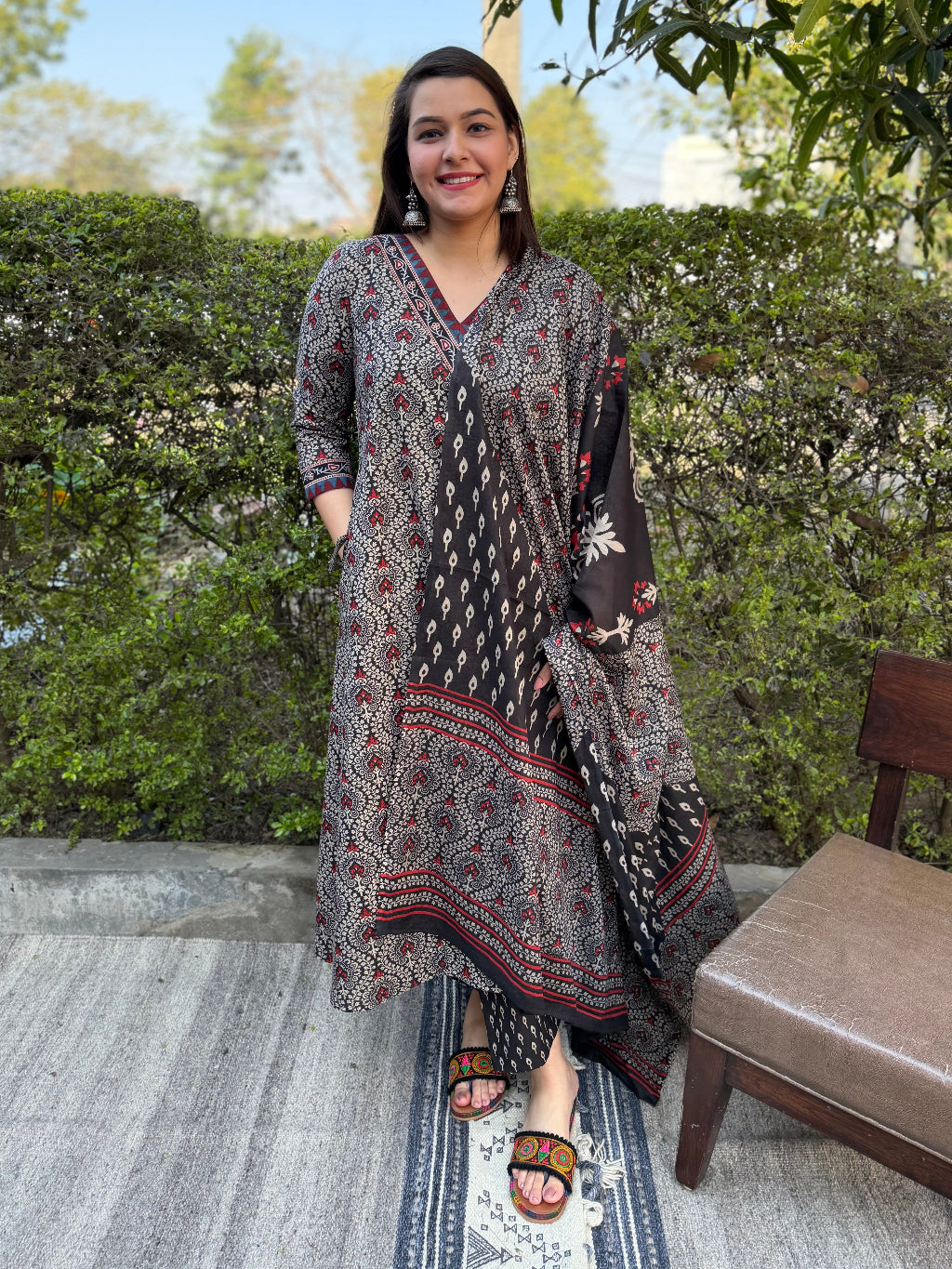 Black Overall Printed Aline Full Suit Set by MySanskritam 
