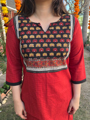 Red embroidered Yoke kurta