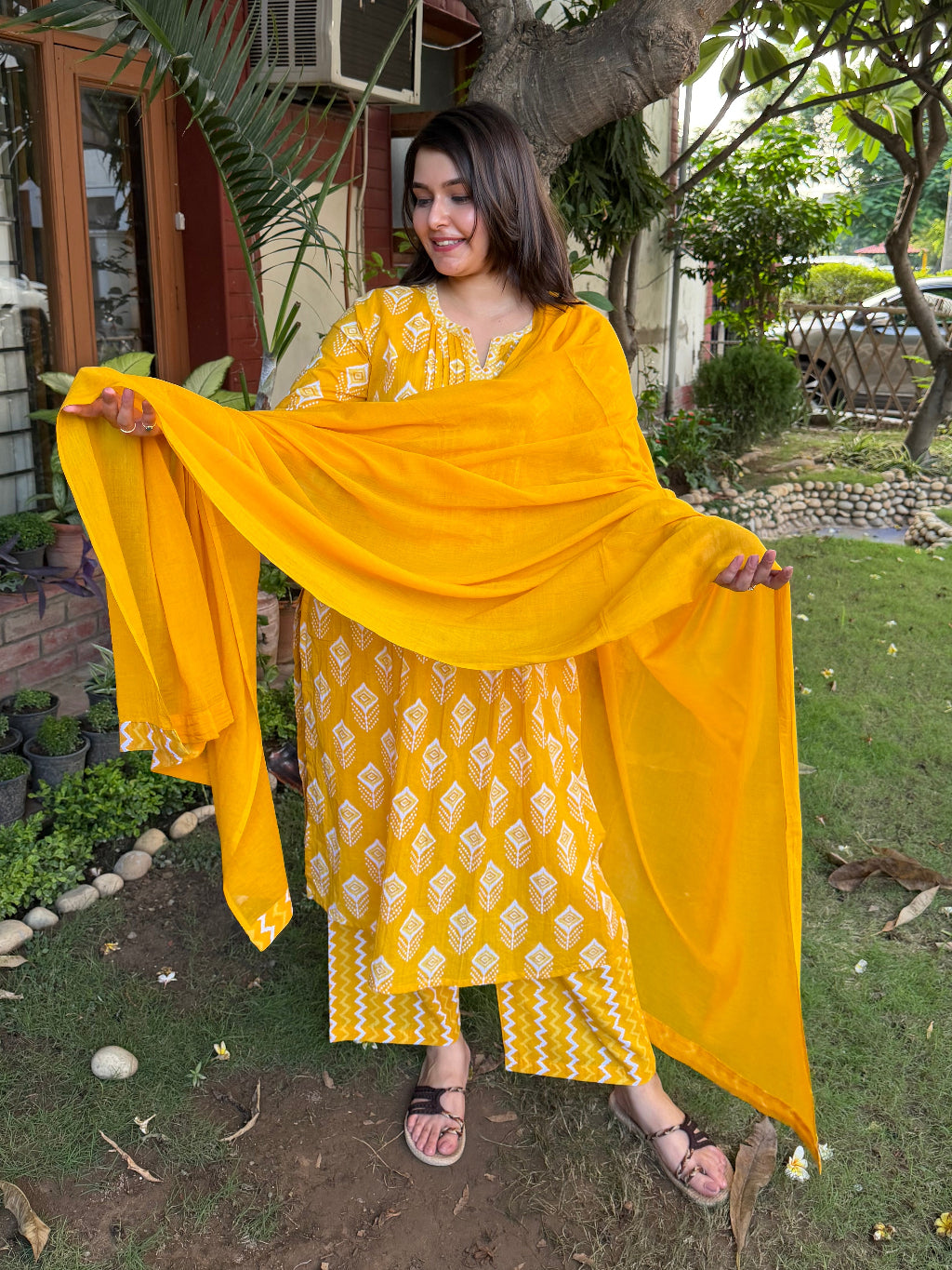 Yellow Ikkat Print Pintucks Suit Set by MySanskritam
