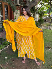 Yellow Ikkat Print Pintucks Suit Set by MySanskritam