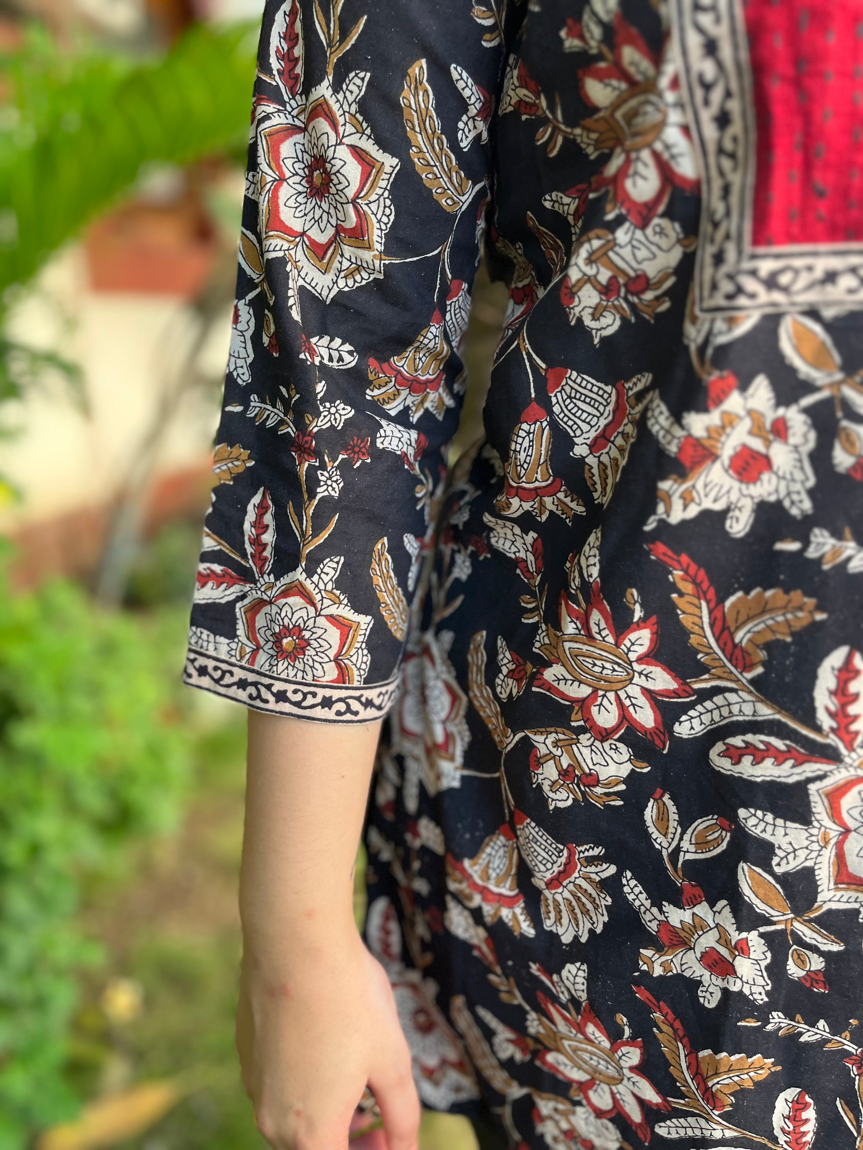 Black Floral kantha yoke kurta - MYSANSKRITAM