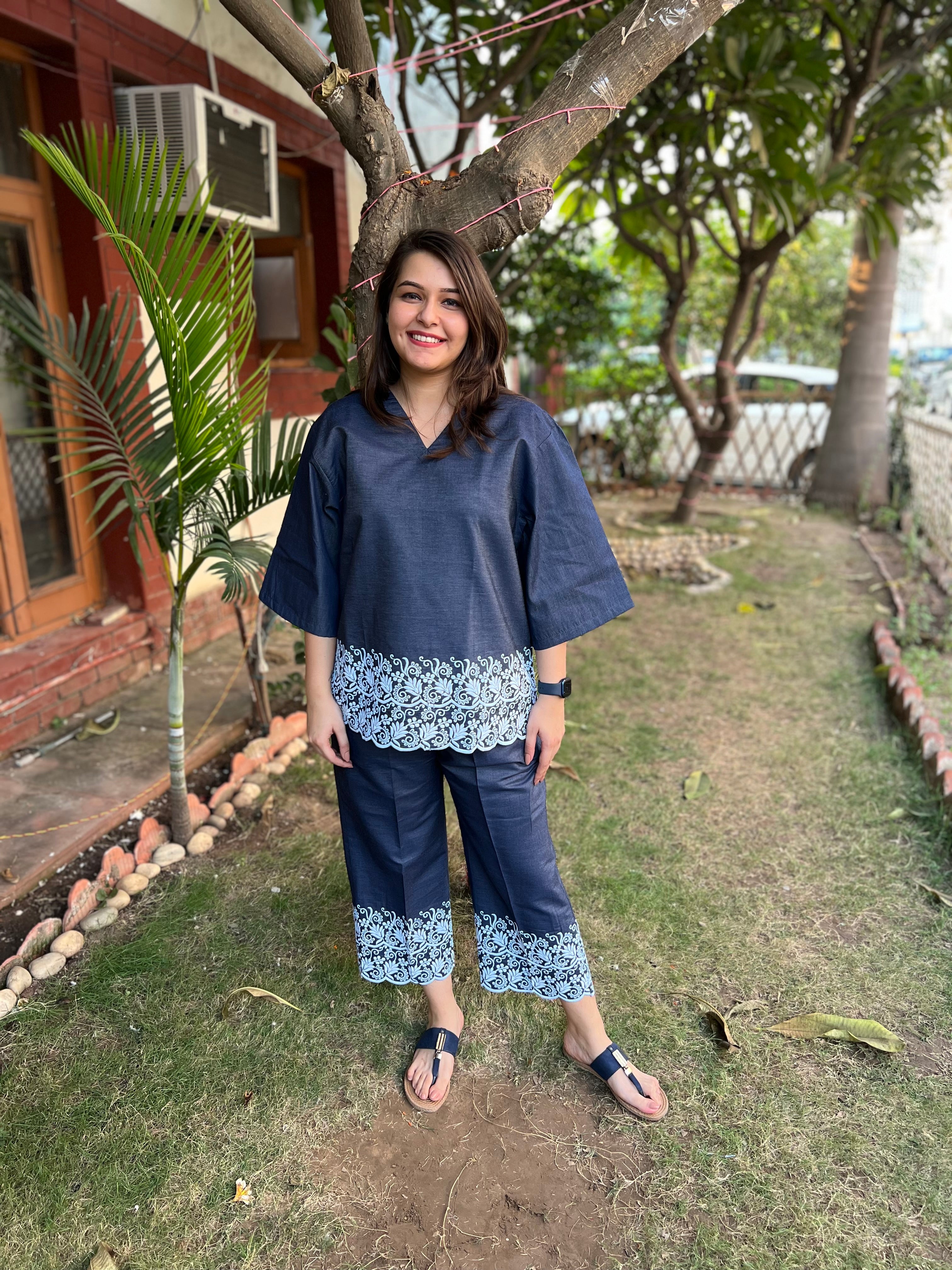 Soft denim embroidered top - MYSANSKRITAM