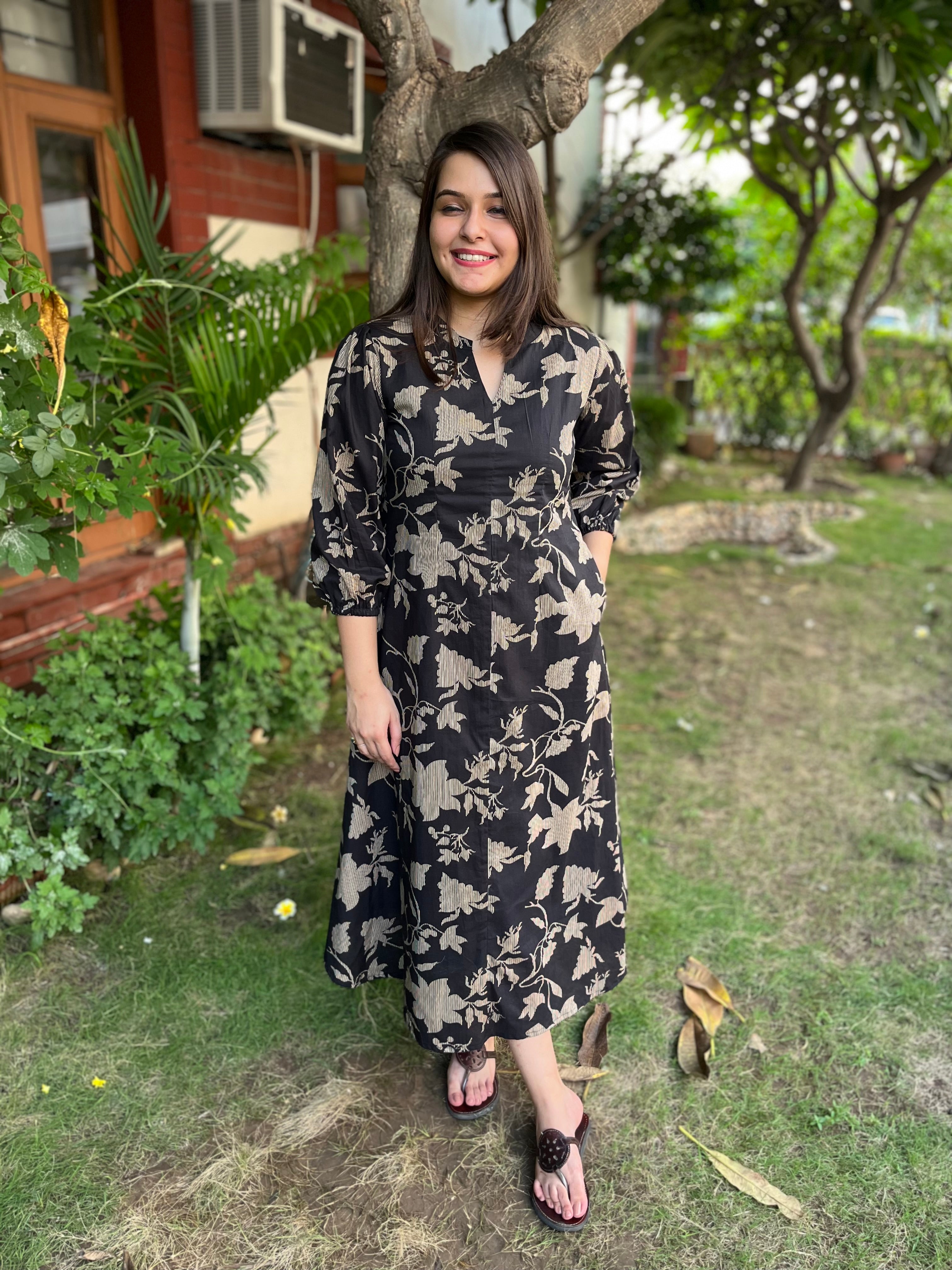 Black Floral dress with pockets - MYSANSKRITAM