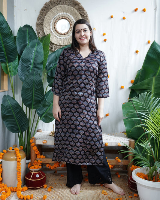 Black Bloom Modal Silk Kurta