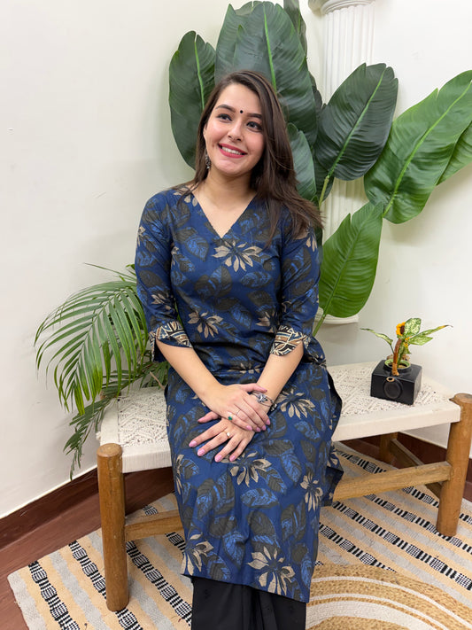 Dark blue overall floral kurta