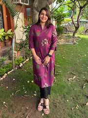 Wine Big Leaf Flower Ban-Neck Kurta by Sanskritam