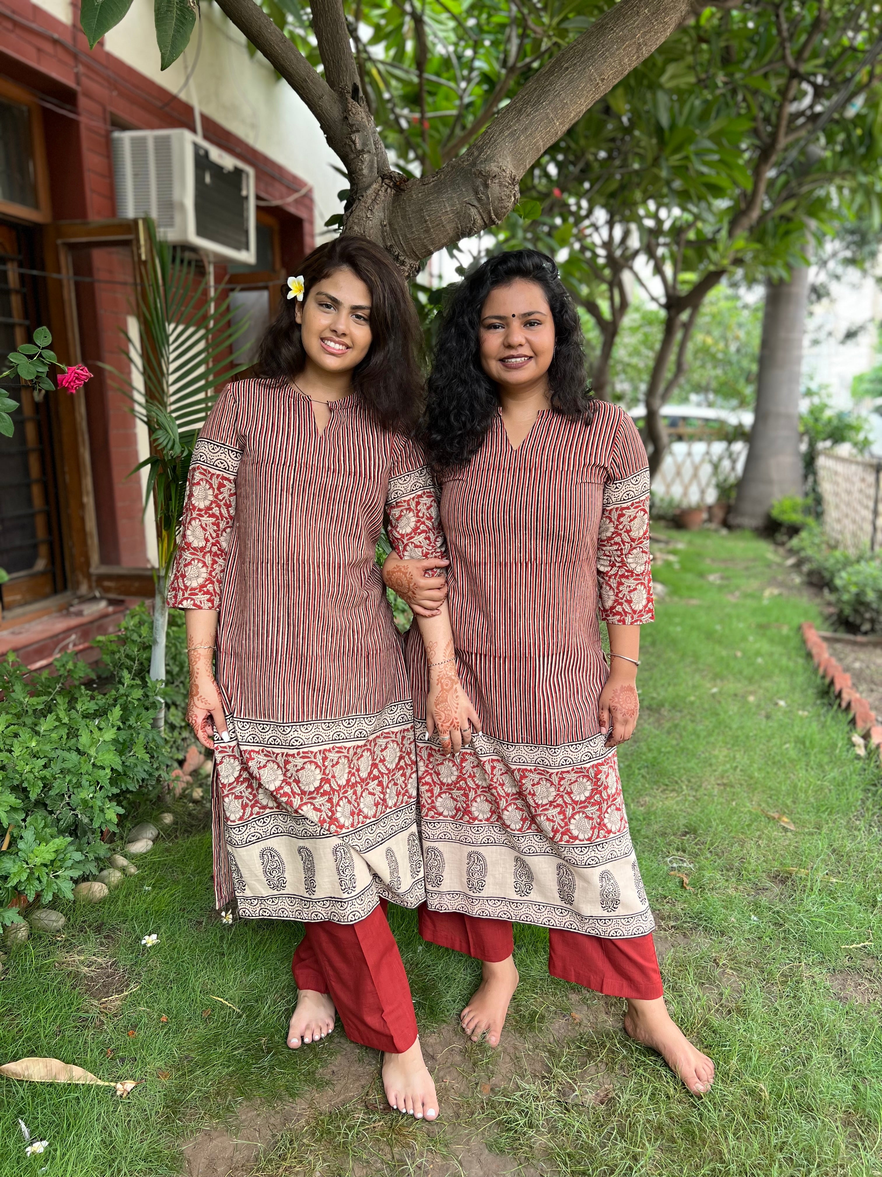 Maroon lines bagru Designer kurti - MYSANSKRITAM