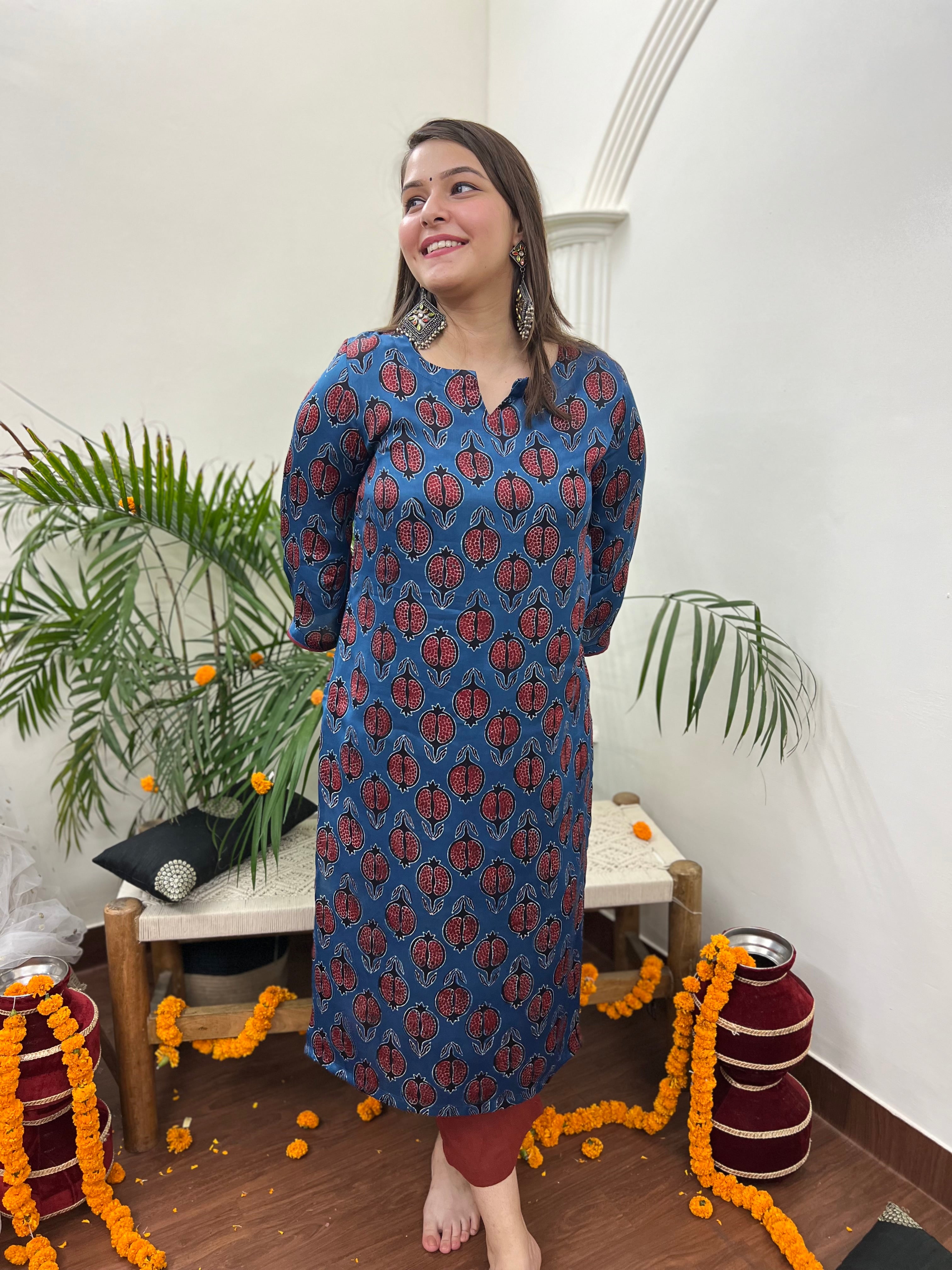 Premium Modal Indigo Anar long kurta - MYSANSKRITAM