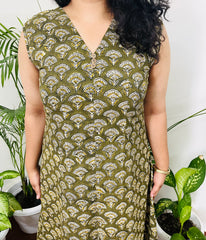 Mehendi green Handblock dress with pocket - MYSANSKRITAM