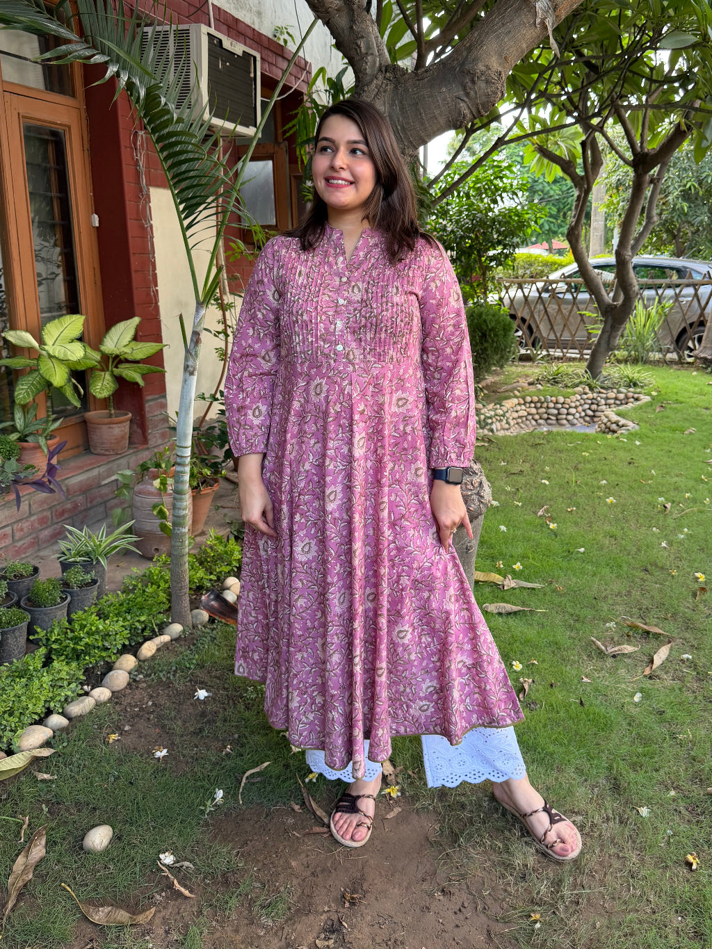 Onion Pink Floral Pintuck A-line Kurta by Sanskritam