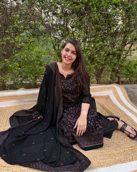 Black Multi Kashmiri style embroidered full suit set