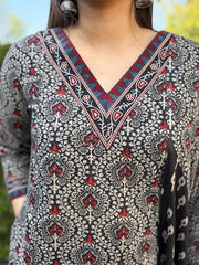 Black Overall Printed Aline Full Suit Set close up by MySanskritam 