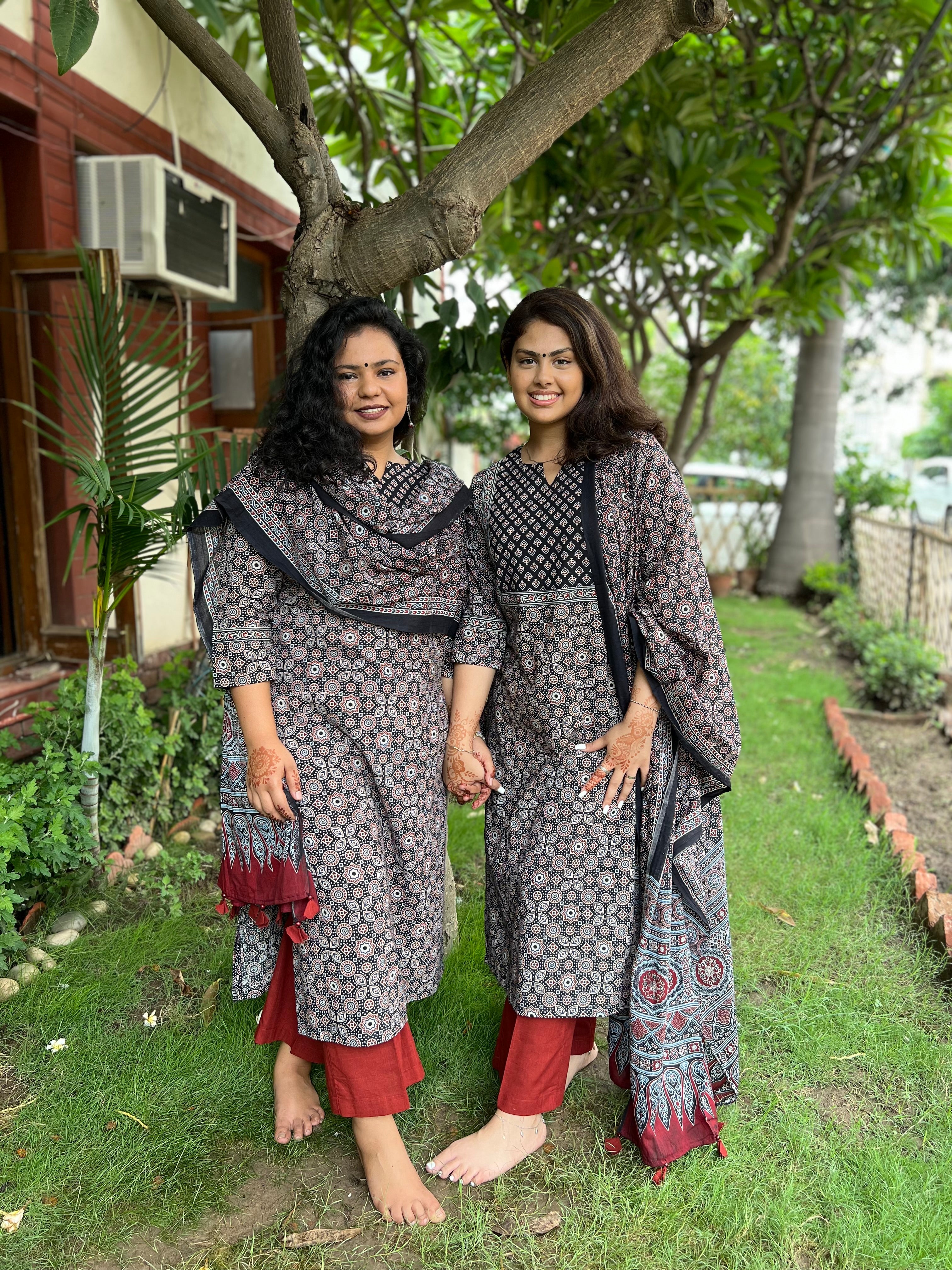 Black Ajrakh geometric yoke kurta Only - MYSANSKRITAM