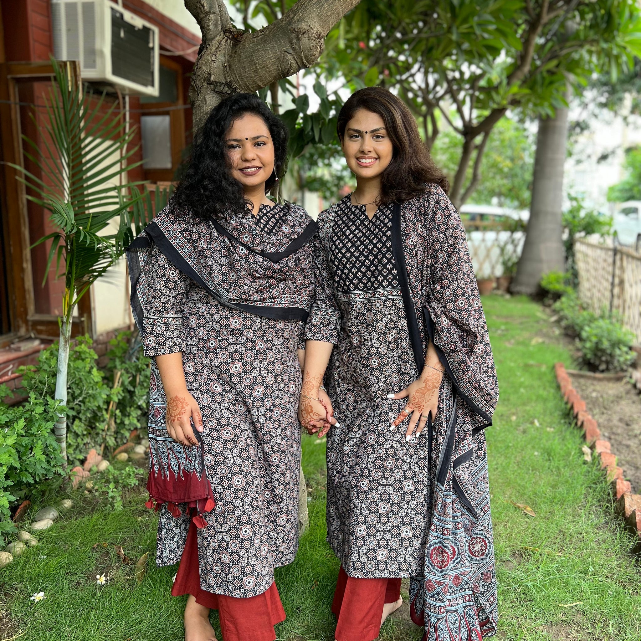 Black Ajrakh geometric yoke kurta duppata set