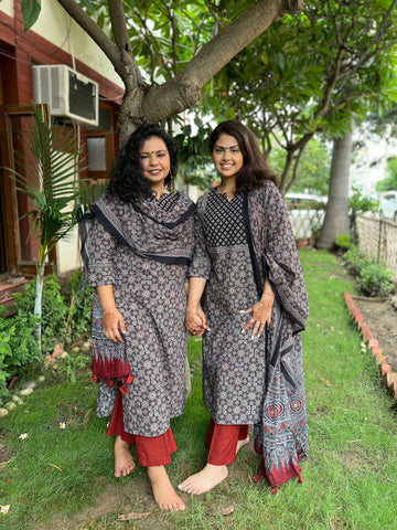 Black Ajrakh geometric yoke kurta duppata set