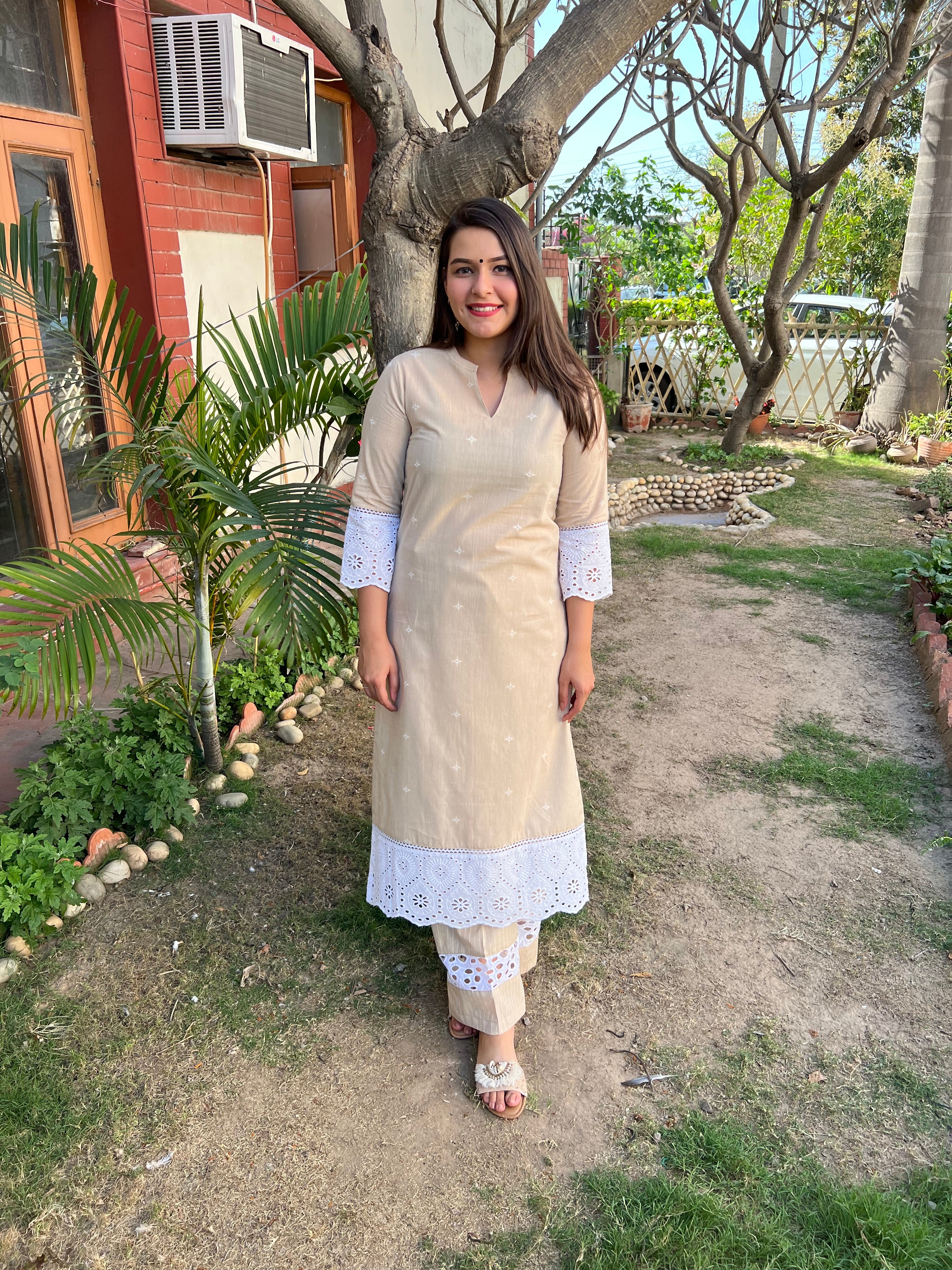 Beige Chikan Lace Kurta - MYSANSKRITAM