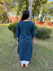 Peacock Blue V-Neck Embroidered Kurta