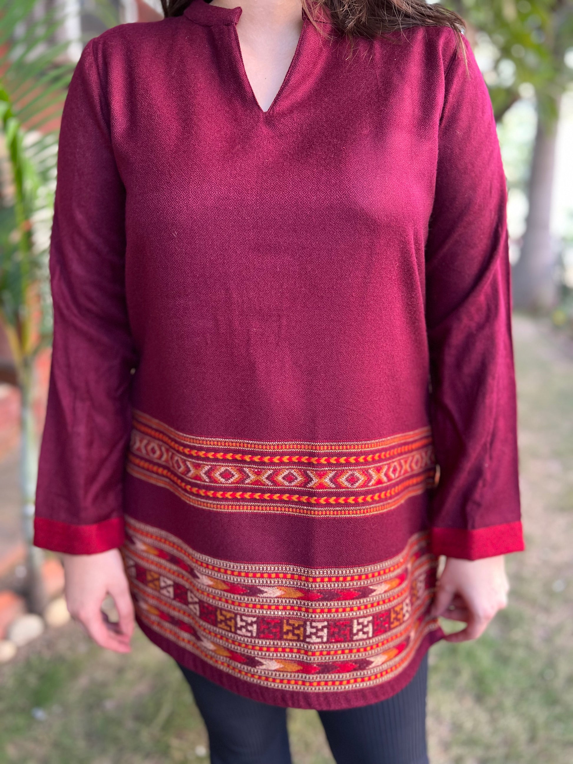 Maroon Kullu border woollen short kurti - MYSANSKRITAM