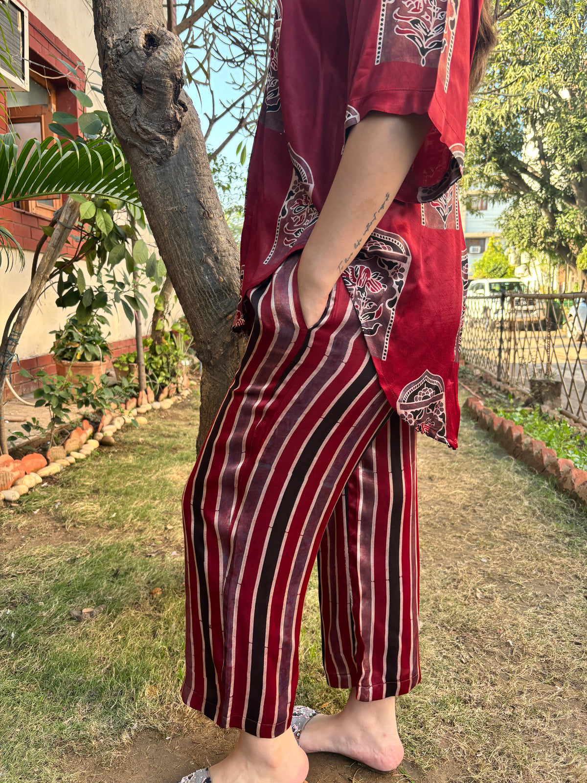 Maroon Modal silk Lines palazzo