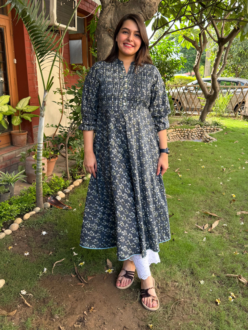 Dark Blue Floral Pintucks A-line Kurta by Sanskritam