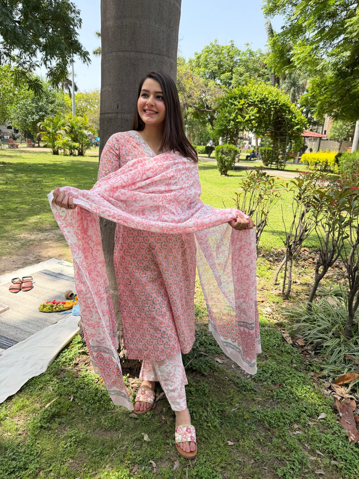 Peach grey floral handblock full suit set