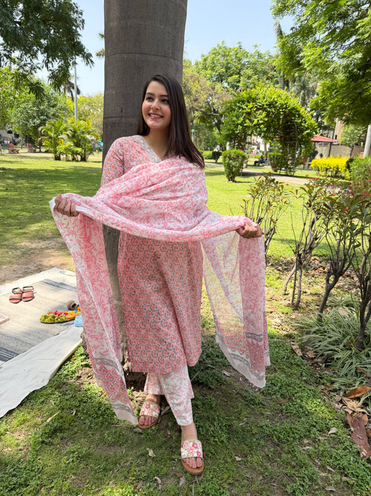 Peach grey floral handblock full suit set