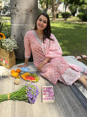 Peach grey floral handblock full suit set