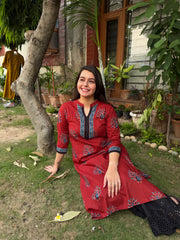 Maroon peacock ban neck kurta