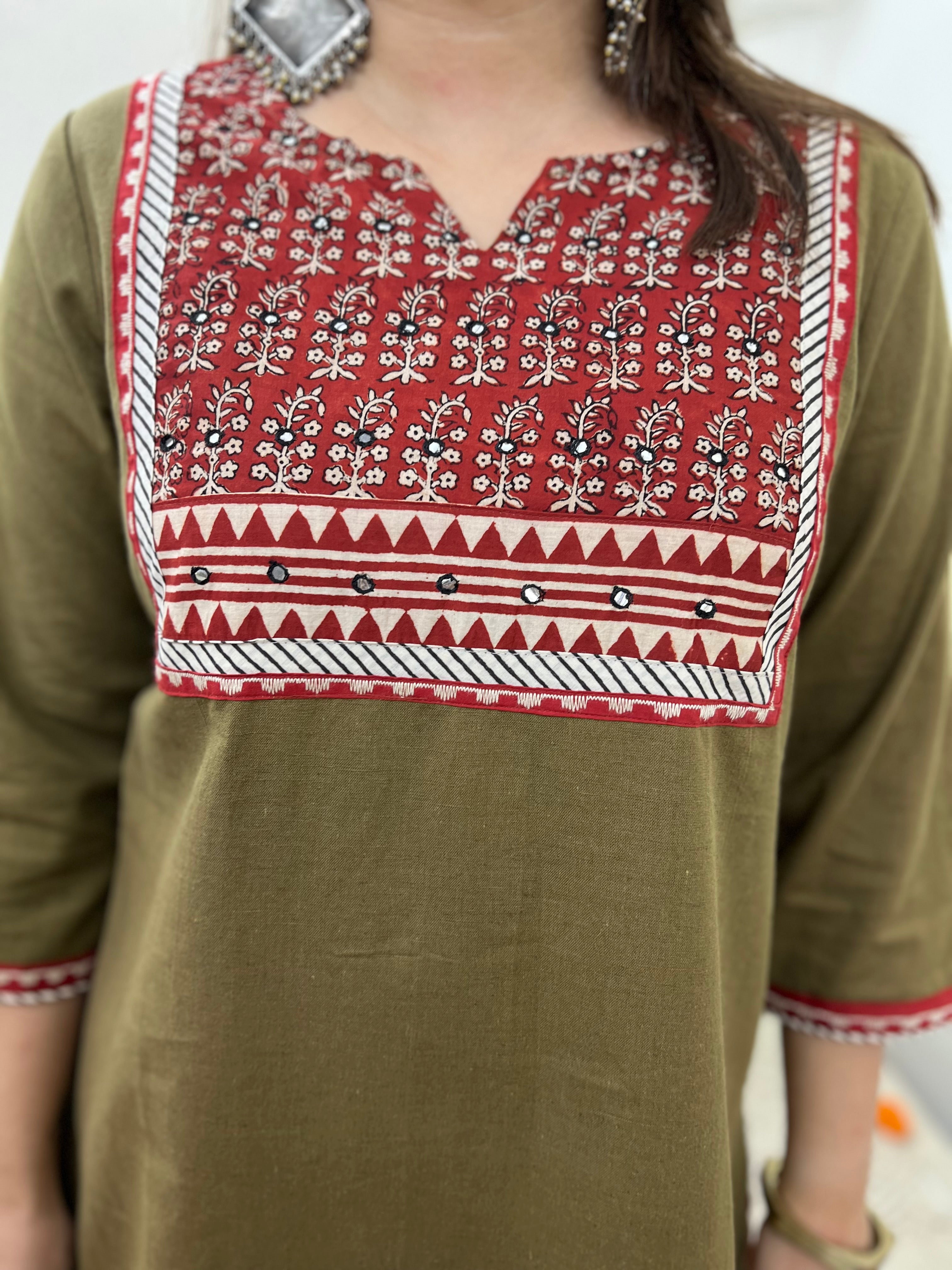 Mehendi embroidered yoke Long kurta - MYSANSKRITAM