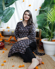 Black Bloom Modal Silk Kurta