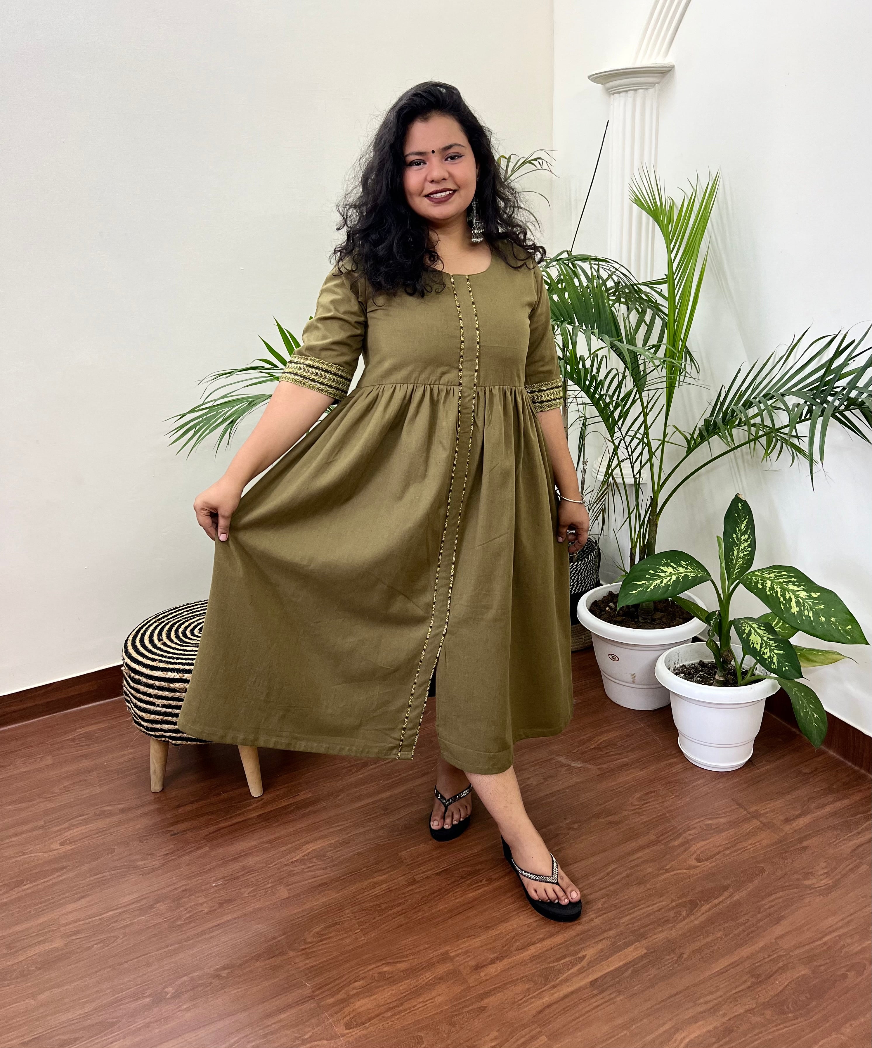Mehendi Green gather dress with pockets - MYSANSKRITAM