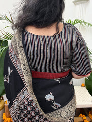 Black lines modal silk blouse with kantha border - MYSANSKRITAM