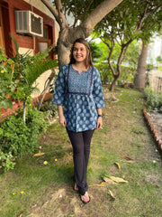 Indigo Geometric gather kurti - MYSANSKRITAM