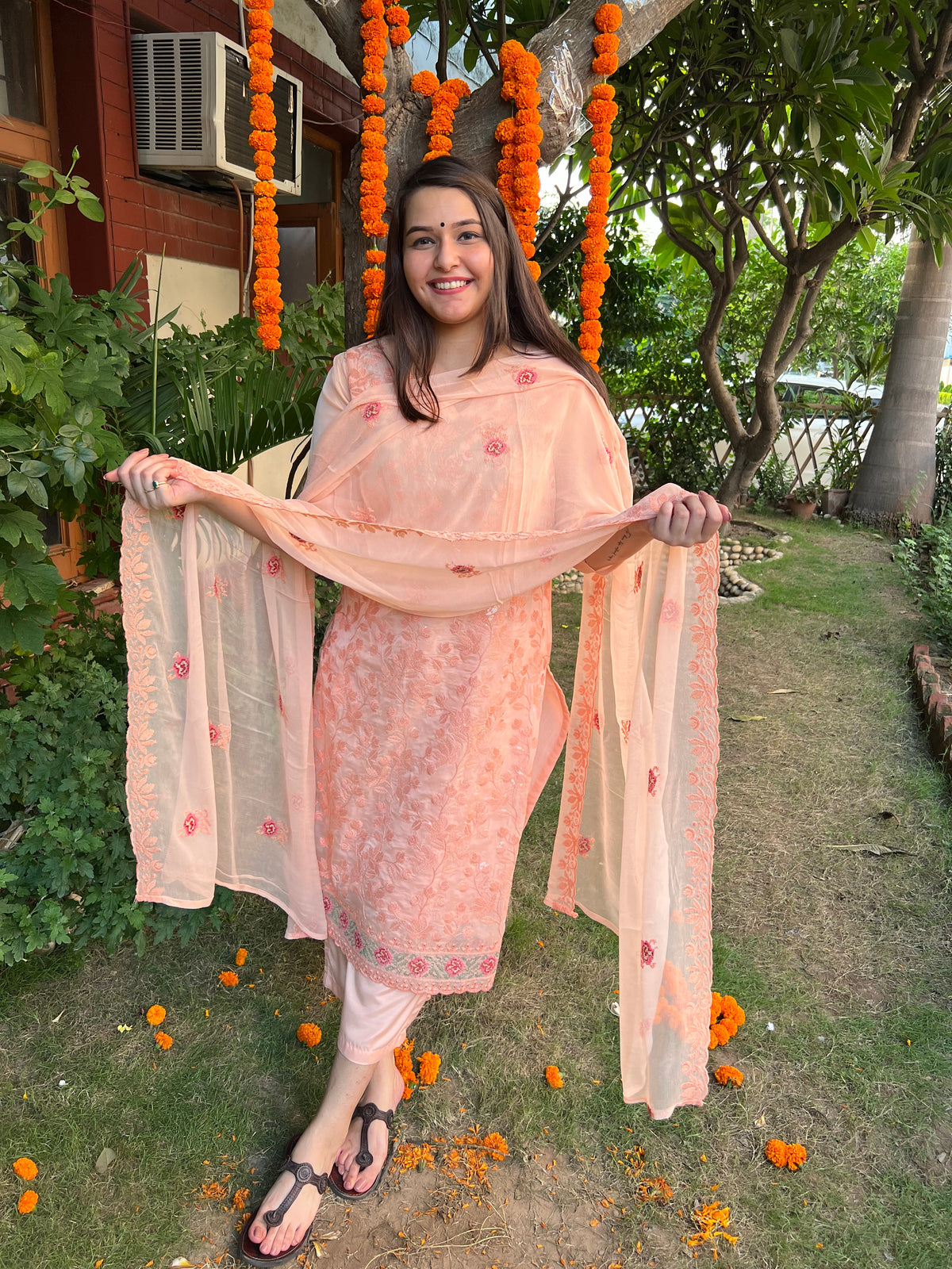 Peach Organza embroidered full suit set - MYSANSKRITAM
