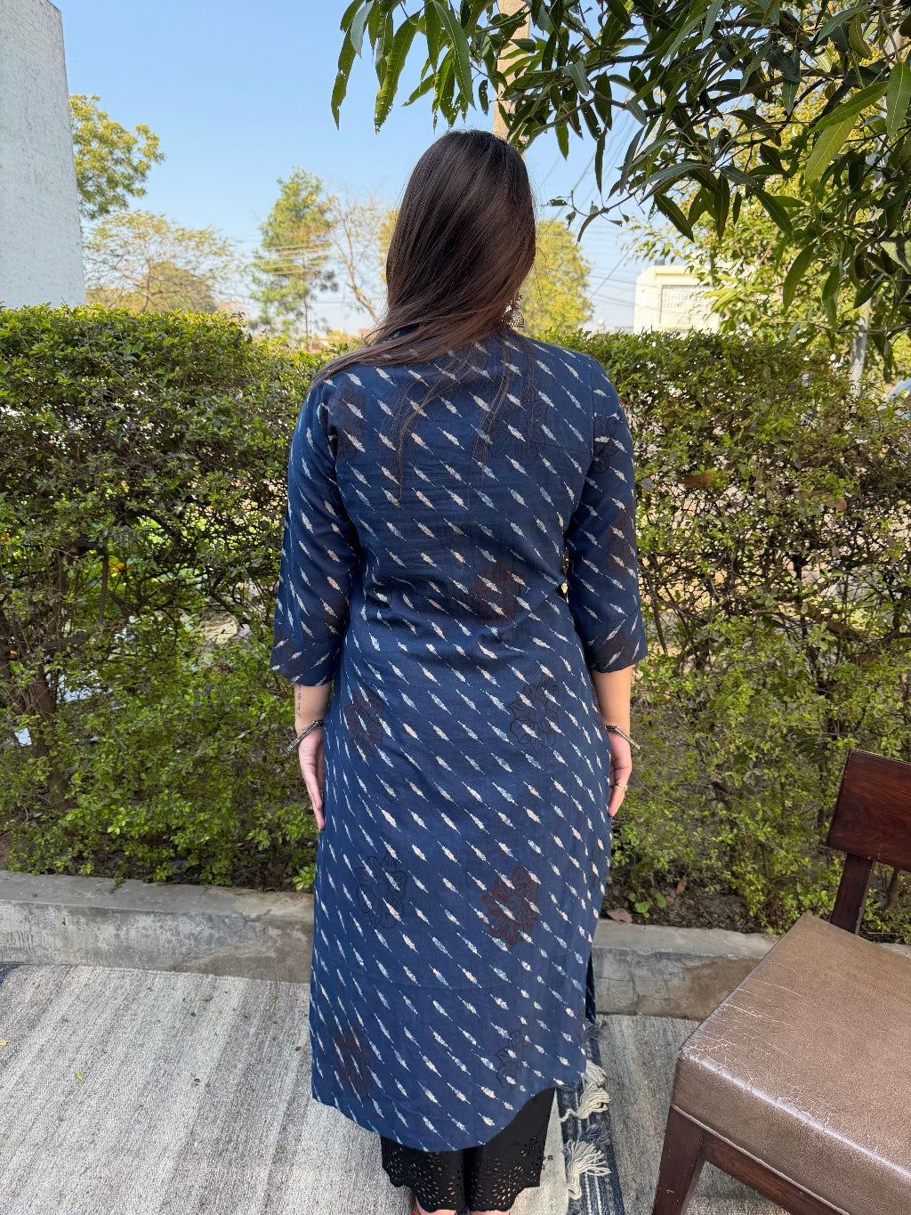 Indigo Geometric Ajrakh Kurta from the back by MySanskritam