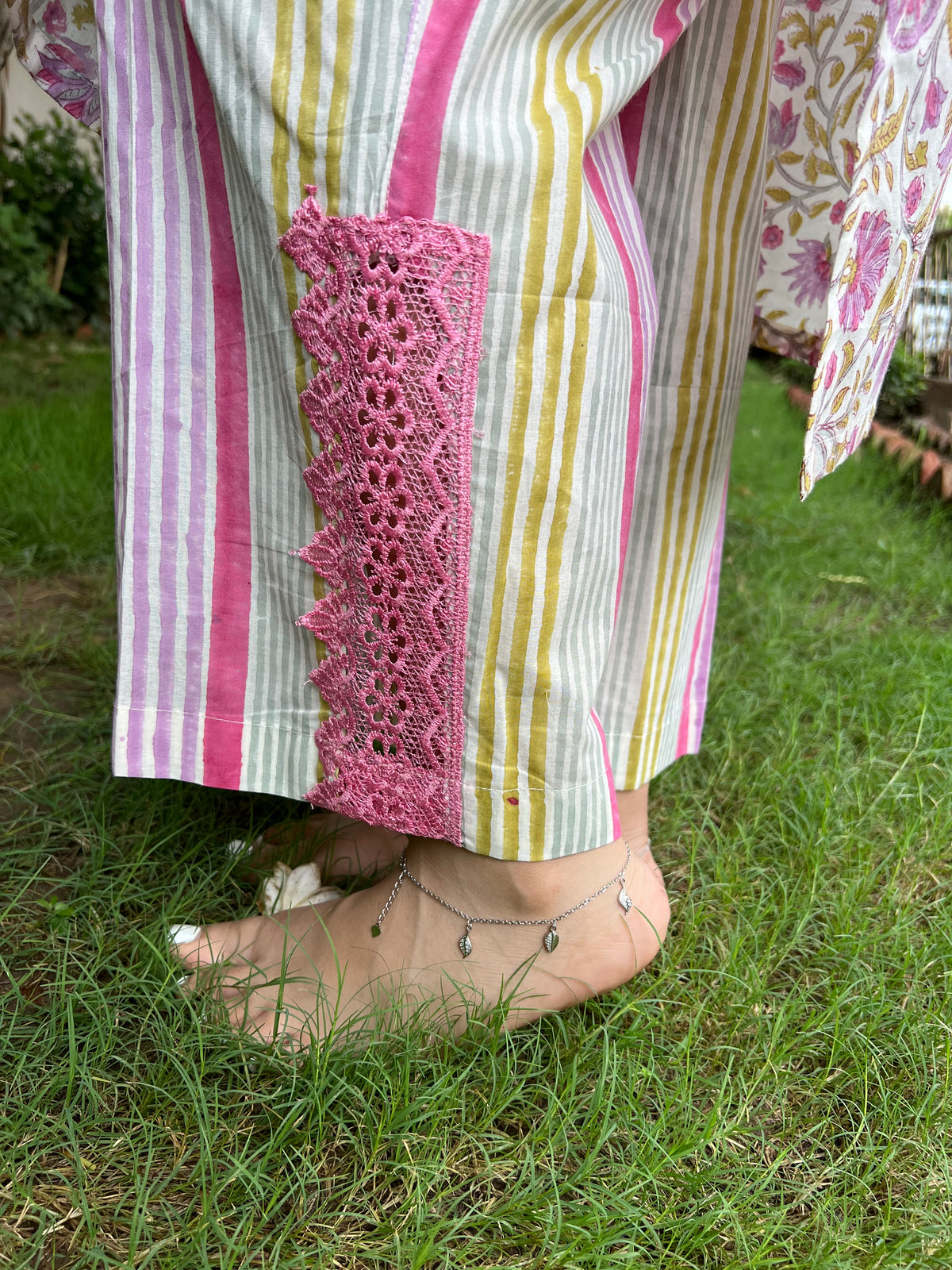 Handblock multiline palazzo with lace