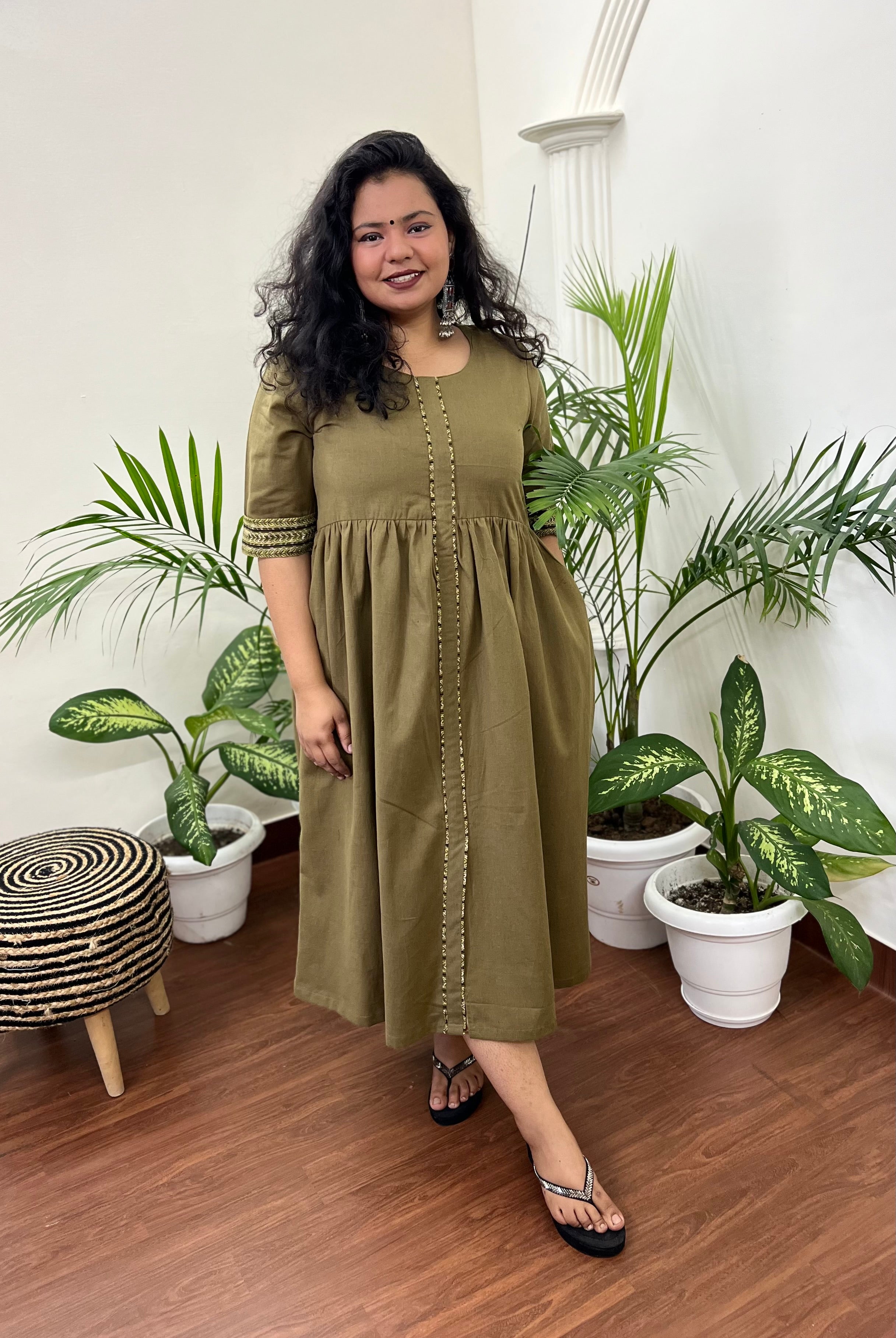 Mehendi Green gather dress with pockets - MYSANSKRITAM