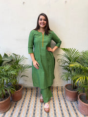 Leaf Green solid Suit set with Ajrakh Duppata