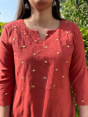 Rust Aline kurta with embroidered yoke on neck