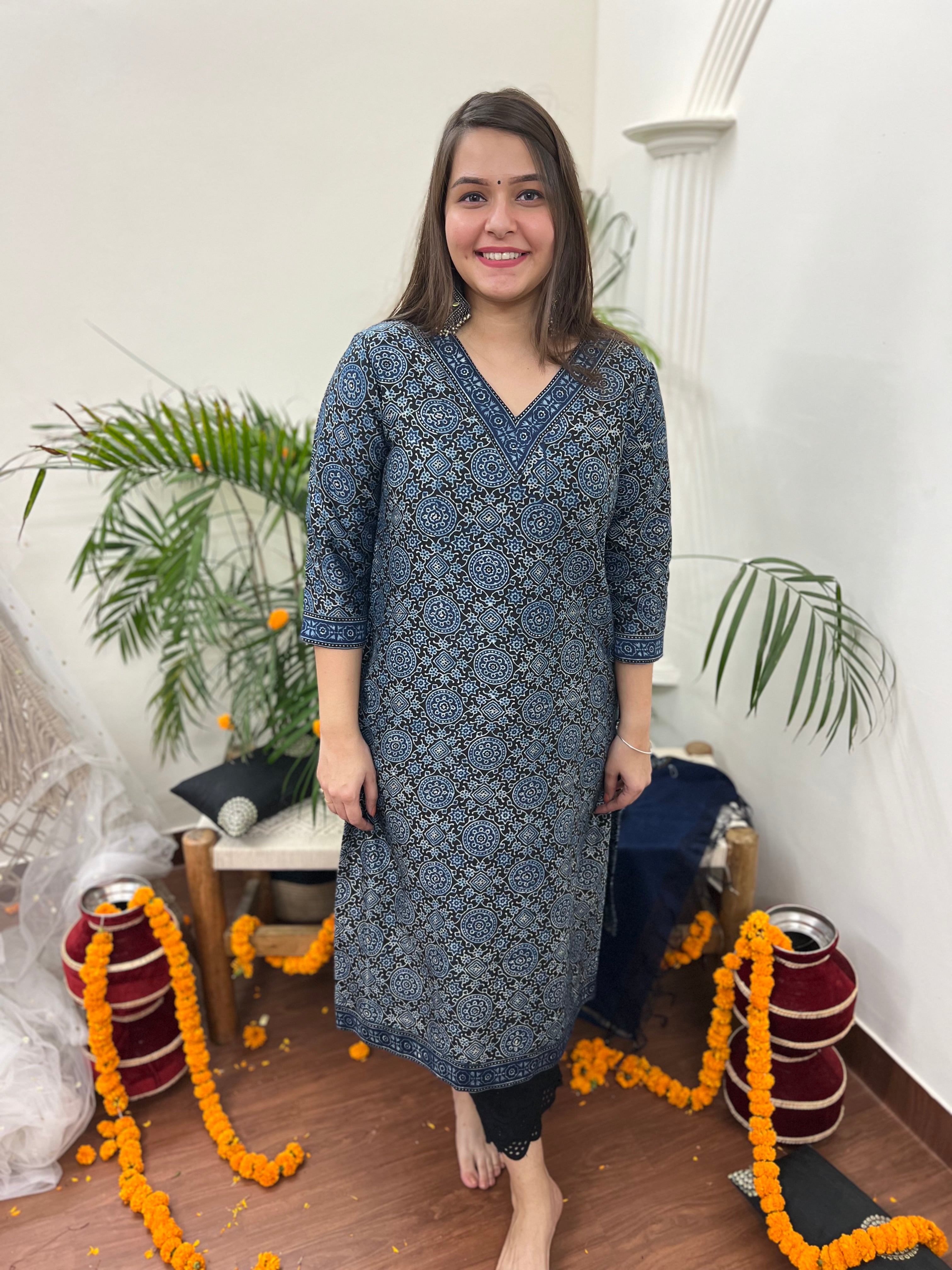 Ajrakh Chanderi Indigo kurta duppata set - MYSANSKRITAM