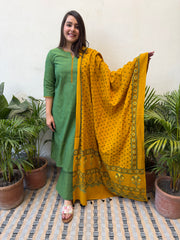 Leaf Green solid Suit set with Ajrakh Duppata