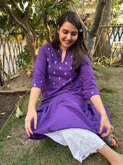 Purple embroidered yoke A-line kurta with pockets