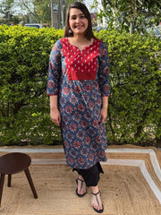 Red Yoke Printed Cotton Kurta